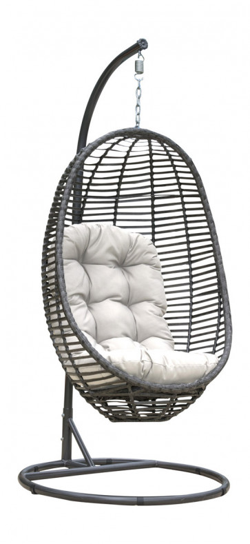 Graphite Woven Hanging Chair with off-white cushion